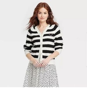 Women's Button-Down Cardigan - A New Day Black/Cream Striped